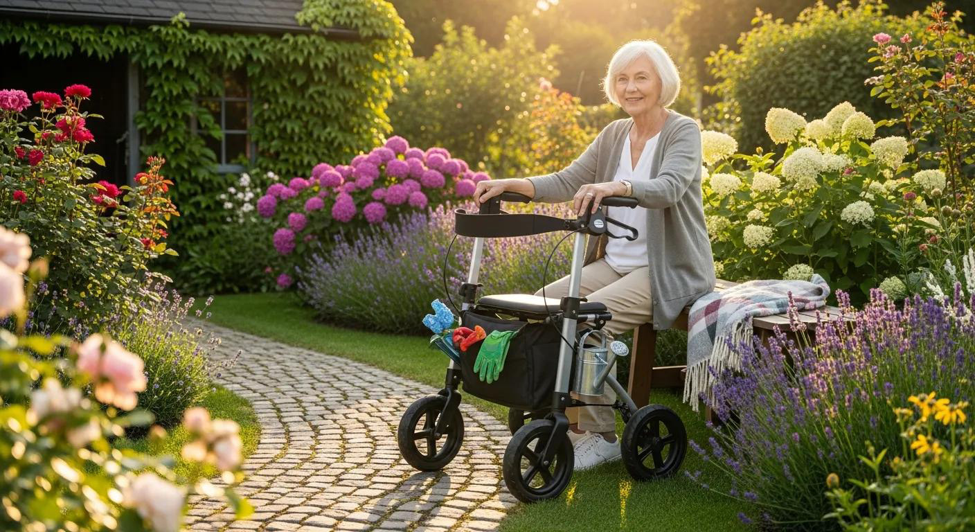 A lady taking a rest with her rollator in her garden whilst gardening